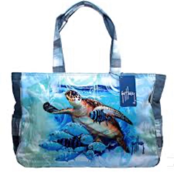 Nwt Guy Harvey Blue Ocean Sea Turtle Large Shoulder Beach Tote Bag - Picture 3 of 16